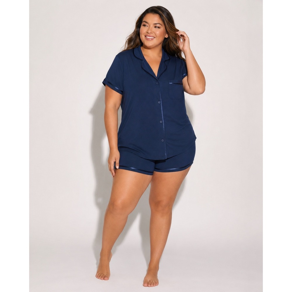 Cosabella Bella Pima Cotton Modal Short Sleeve Boxer Pajama Set Navy Plus  2X